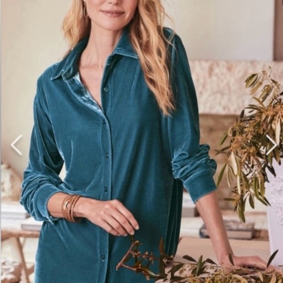 Soft Surroundings Velvet Boyfriend Tunic Shirt - Teal - Medium - Picture 1 of 13